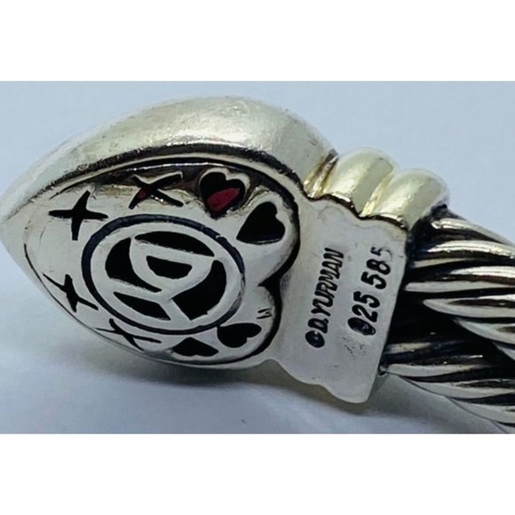 David Yurman 925 & 14KT Yellow Gold Double Cable Garnet Hearts Cuff Bracelet - Picture 3 of 8